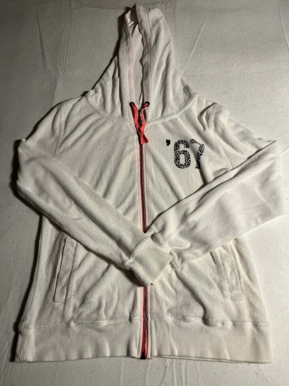 BKE Lounge Womens XS White Full Zip Hoodie Pink Leopard 67 Graphic Y2K
